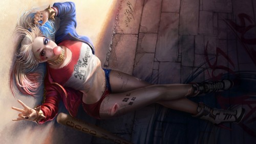 Arts sensuality sensual sexy woman girl art comics Harley Quinn Suicide Squad bat baseball sitting 1